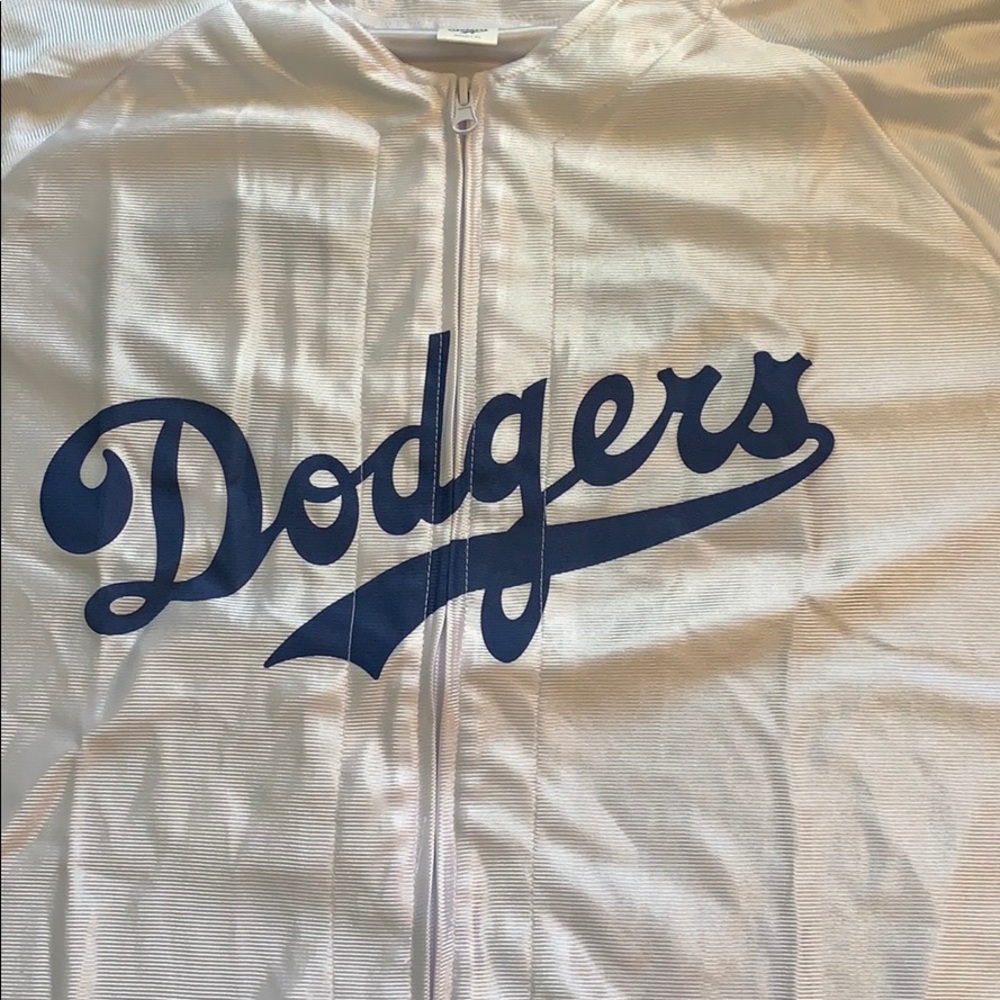 Zip up Dodgers jersey in honor of Jackie Robinson.